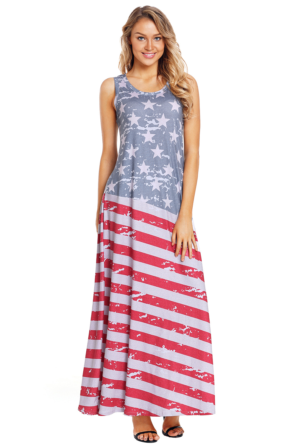 BY610125-22 American Flag Print Sleeveless Maxi Dress